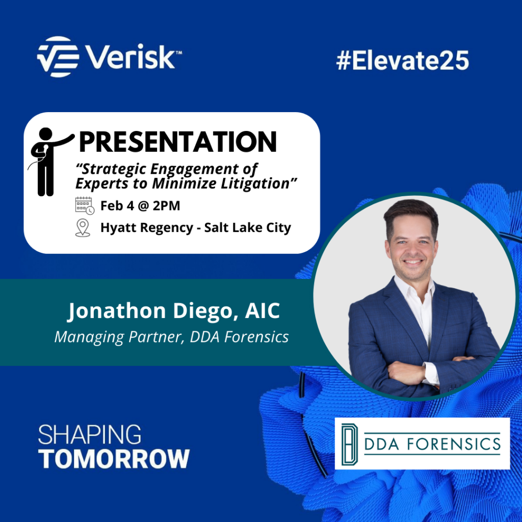 DDA Forensics Managing Partner Jonathon Diego Presents Strategic Solutions to Minimize Litigation Risks in Property Insurance Claims at Verisk Elevate Conference